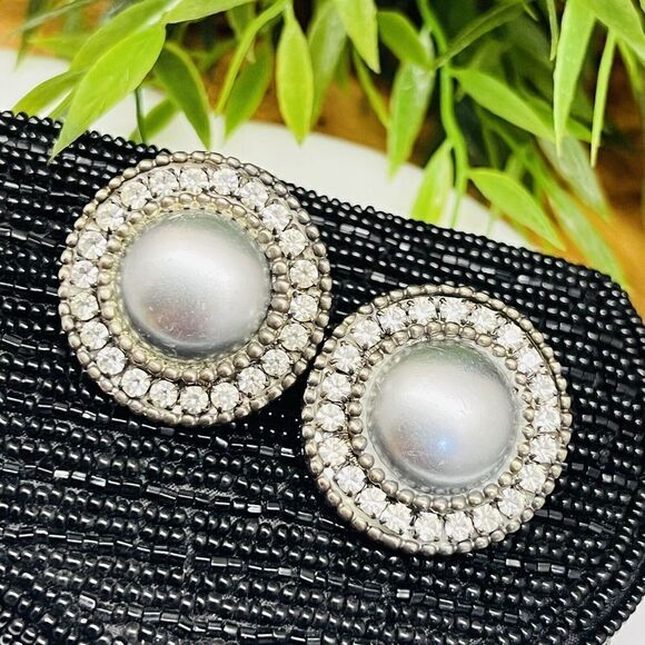 Chunky Faux Pearl Rhinestone Earrings 80s 90s Runway Silver Tone Y2k 1155 - Picture 3 of 5